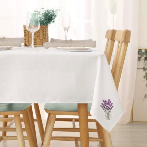 Nappe lin ou lin enduit blanc broderie lavande