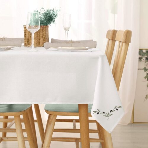 Nappe lin ou lin enduit blanc broderie olive