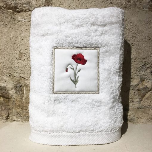 drap de douche 70x140 coton blanc broderie coquelicot rouge