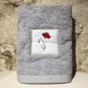 drap de douche 70x140 coton gris clair broderie coquelicot rouge