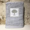 drap de douche 70x140 coton gris clair broderie olivier vert