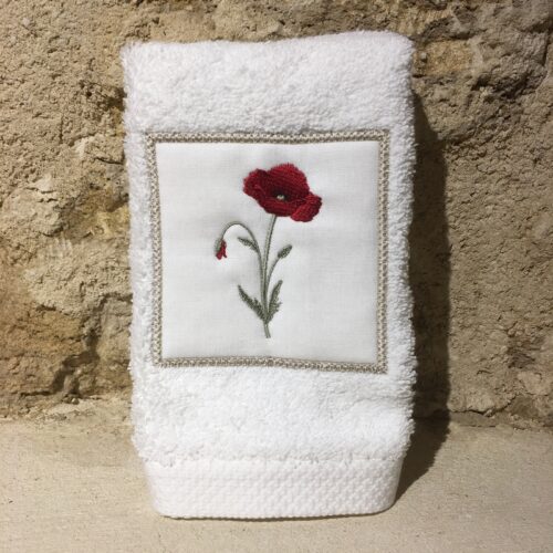 serviette invité 30x50 coton blanc broderie coquelicot rouge