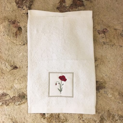 serviette invité 30x50 coton blanc broderie coquelicot rouge