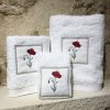 drap de douche 70x140 coton blanc broderie coquelicot rouge