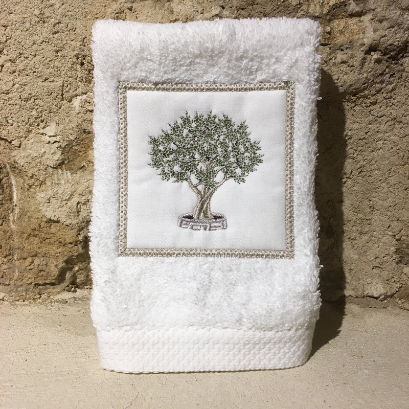 serviette invité 30x50 coton blanc broderie olivier vert