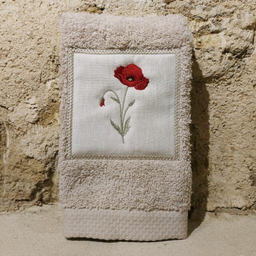 serviette invité 30x50 coton ficelle broderie coquelicot rouge