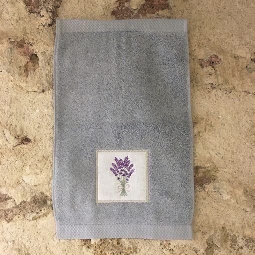 serviette invité 30x50 coton gris clair broderie bouquet lavande lilas