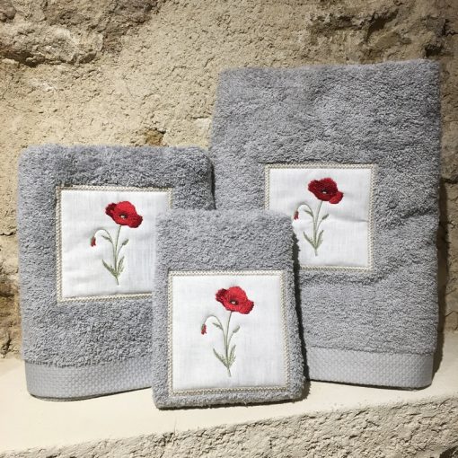 drap de douche 70x140 coton gris clair broderie coquelicot rouge