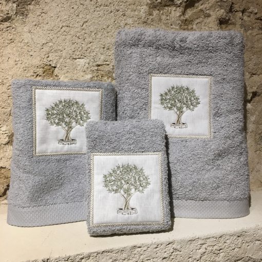 drap de douche 70x140 coton gris clair broderie olivier vert