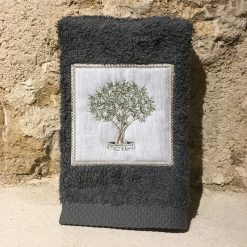 serviette invité 30x50 coton gris foncé broderie olivier vert