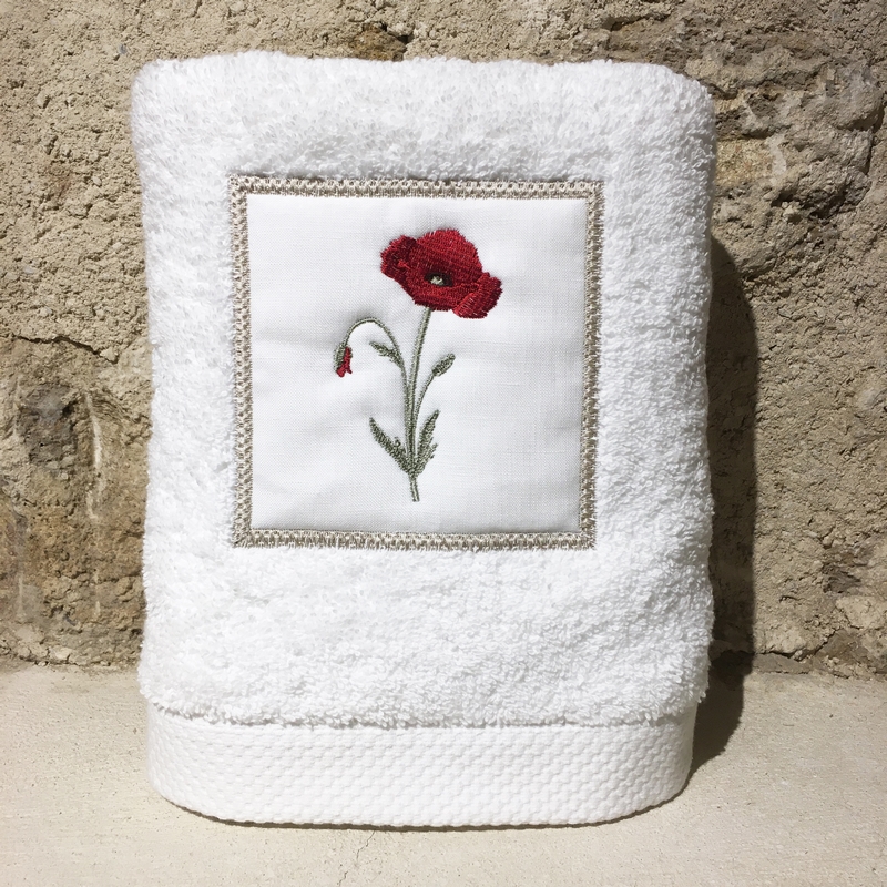 serviette 50x100 coton blanc broderie coquelicot rouge