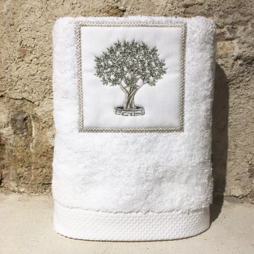 serviette 50x100 coton blanc broderie olivier vert