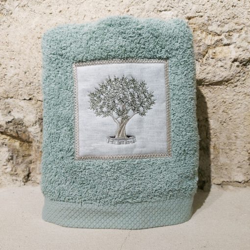 serviette 50x100 coton vert broderie olivier