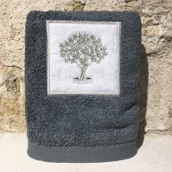 serviette 50x100 coton gris foncé broderie olivier vert