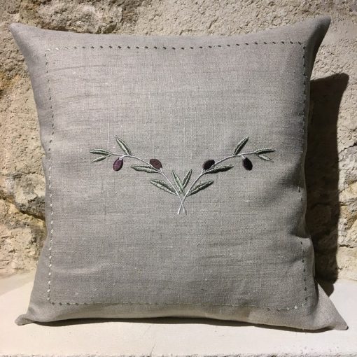 housse de coussin lin naturel broderie olive vert