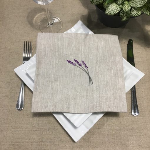 serviette de table lin chiné broderie brin lavande lilas