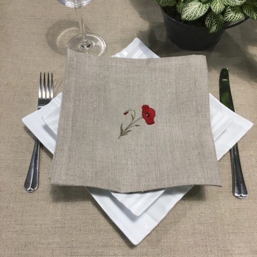 serviette de table lin naturel broderie coquelicot rouge