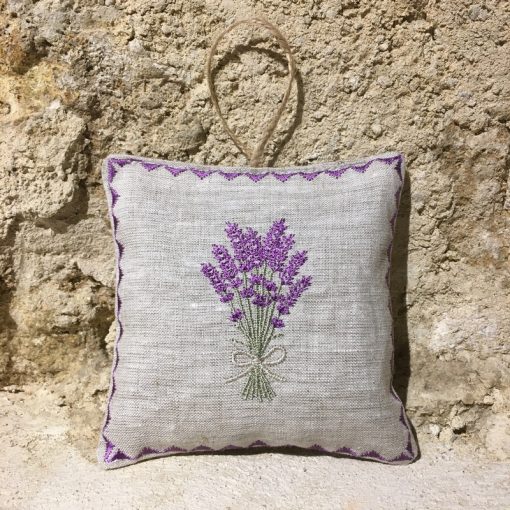 sachet de lavande coussinet lin chiné broderie bouquet lavande lilas