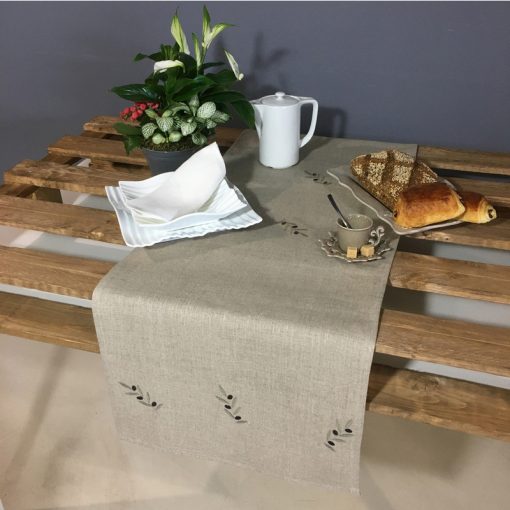 chemin de table lin naturel broderie olive vert