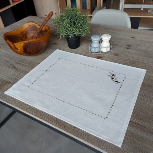 set de table lin enduit blanc broderie olive