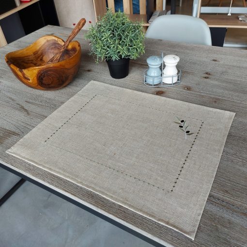 set de table lin enduit chiné broderie olive