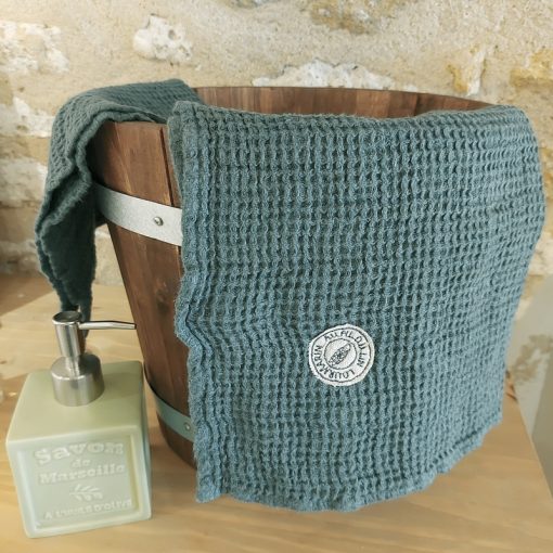 Drap de douche 75x130 nid d'abeille 100% lin gris vert broderie tampon cigale