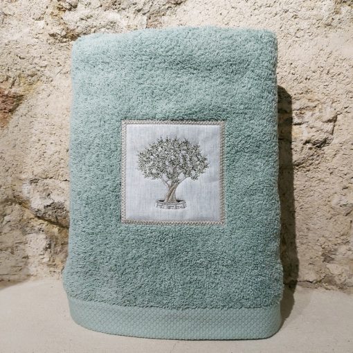 drap de douche 70x140 coton vert broderie olivier