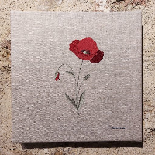 tableau lin enduit chiné broderie coquelicot