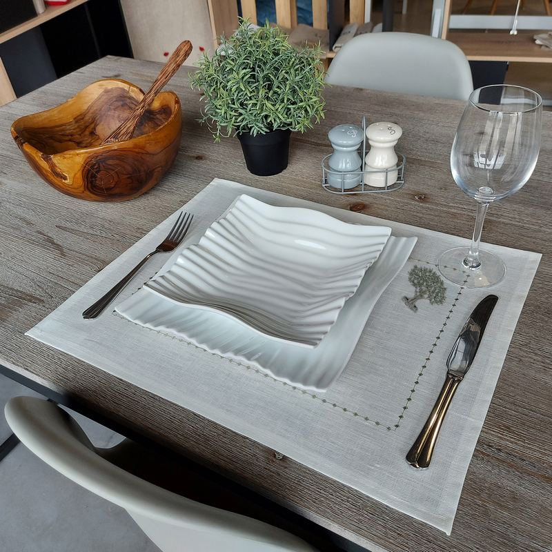 set de table lin enduit blanc broderie olivier